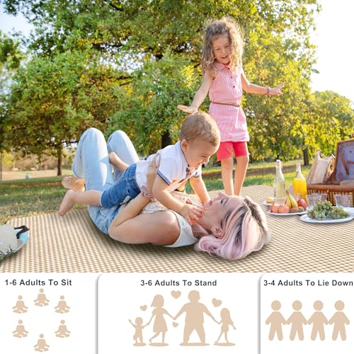 SAMSIER Outdoor Picnic Blankets Waterproof Foldable Sandproof, Extra Large Gingham Cute Picnic Mat Washable Portable for Park Beach Camping Courtyard (Coffee, 80"×80") - color: Coffee, size: 6'8" x 6'8" (Square)