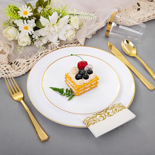 Supernal 350pcs White and Gold Plastic Plates,Gold Plastic Dinnerware for 50 Guests Include 100 White Disposable Plate, 150 Gold Silverware Set, 50 Disposable Cups, 50 Napkins - color: 350pcs White Plastic Plates with Gold Rim