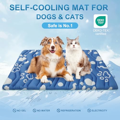 BEAUTYZOO Dog Cooling Mat- Upgraded Thicken Cooling Mat for Large Dogs Reversible(Cool & Warm) Pet Ice Cool Bed Washable & Portable, Summer Crate Pad for Big Dog Puppy Up to 44 lbs, Paw Blue 36X23IN - color: Navy Blue, size: 36.0"L x 23.0"W x 1.0"Th(M)