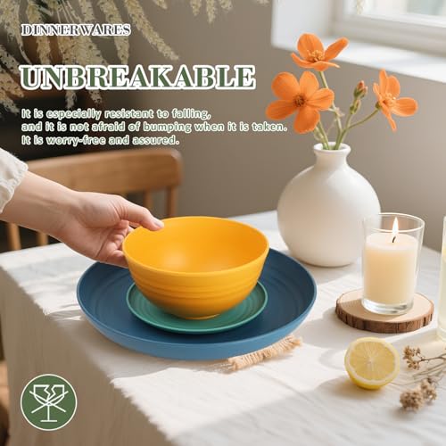 Wrova Wheat Straw Dinnerware Set of 32, Unbreakable Dinner Plates and Bowls Dishes Sets Service for 8,Dishwasher Safe Dinnerware Sets for Kitchen and Camping.Vibrant Series - color: Vibrant Series, size: 32 Pack