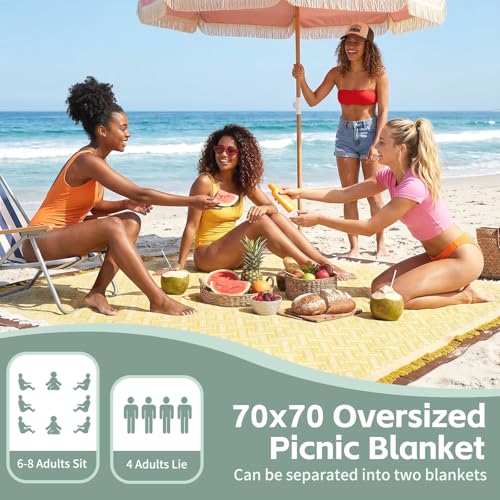 2 in 1 Extra Large Outdoor Picnic Blanket Camping Mat Lightweight Oversized Giant Turkish Boho Beach Mexican Serape Baja Cobijas Mexicanas para Mesa Park Stadium Outside Festival Grass Hammock - color: Yellow, size: 70''*70''
