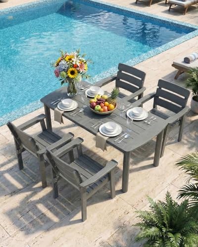 Outdoor Rectangle Dining Table with Rounded Edge, 67" All-Weather HIPS Patio Table for 6, Outdoor Furniture with Umbrella Hole, Ideal for Garden, Poolside, Backyard, Deck, Dark Gray - color: Dark Gray, size: 1 Table