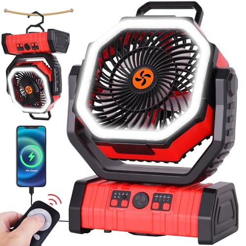 Battery Powered Fan Portable,20000mAh Rechargeable Camping Fan with LED Lantern,Auto-Oscillating USB Personal Battery Operated Fans Portable for Tens & Hanging Hook (Red) - color: Red