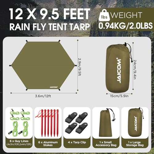 JAICOM Waterproof Hammock Rain Fly, Portable Camping Tarp - 12ft x 9.5ft Large Camp Tarp with Tent Stakes & Trap Clip & Guy Lines, Ultralight Shelter for Backpacking, Outdoor Shade - color: Army Green