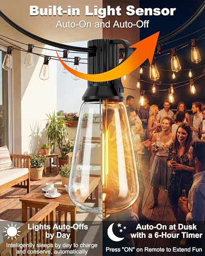 54FT Outdoor Solar String Lights, Patio Lights Solar Powered with Remote & USB Port, 24+1 ST38 LED Shatterproof Bulbs, Dimmable Solar String Light Waterproof for Camping, Backyard, Garden - size: 54FT (24Bulbs)
