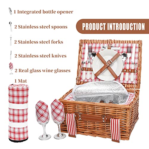 Wicker Picnic Basket for 2 with Large Insulated Cooler Compartment and Waterproof Picnic Blanket, Cutlery Service Kits, Wicker Picnic Hamper for Camping, Valentine Day,Thanks Giving,Birthday(Red) - color: Red Check