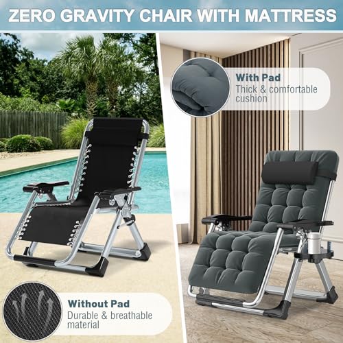 ABORON Zero Gravity Chair,Premium Outdoor Lawn Folding Lounge Chairs,Sturdy Adjustable Reclining Patio Chairs with Removable Cushion,Headrest & Tray - color: A Midnight Gray
