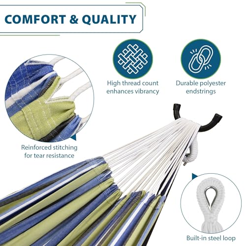 Vivere Double Cotton Hammock with Space Saving Steel Stand, Upgraded Polyester End Strings 450 lb Capacity - Premium Carry Bag Included - USA Grown Cotton (Oasis) - color: Oasis