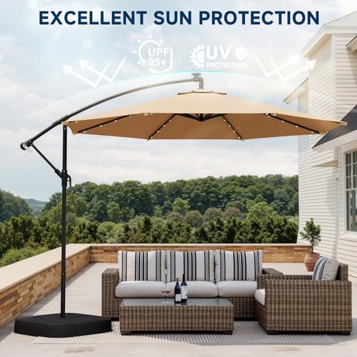 10FT 40-LED Solar Lighted Patio Umbrella with Base Included, Outdoor Offset Cantilever Umbrella, Infinite Tilt, UV Protection for Backyard, Lawn, Garden & Pool - color: Beige, size: 10FT 40LED w/Base (Offset Umbrella)