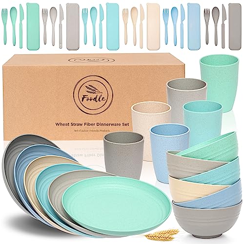 FOODLE Wheat Straw Dinnerware Set - BPA Free & Safety Certified - Microwave & Dishwasher Safe - Perfect for Kids, College Dorm, Picnic, Camper, RV Dishes - Camping Plates Cups and Bowls Set - For 6 - color: Multicolor 2
