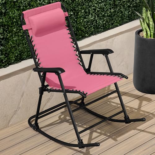 Best Choice Products Outdoor Zero Gravity Rocking Chair, Folding Reclining Patio Lounge Chair with Adjustable Pillow for Lawn, Beach, Camping - Pink - color: Pink