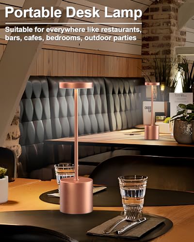 Swinerton Cordless Table Lamps Rechargeable, Portable LED Desk Lamp, 5000mAh Battery Powered Wireless Table Light - 3 Color Dimmable Lighting for Restaurant Dining Patio Outdoor Bedroom(Rose Gold) - color: Rose Gold
