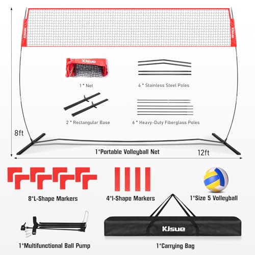 Freestanding Volleyball Net Set for Backyard - 12FT Portable Outdoor Volleyball Net Training Equipment with Soft Volleyball, Pump, Boundary Mark and Carry Bag for Park, Beach Games, Volleyball Sports - color: Red