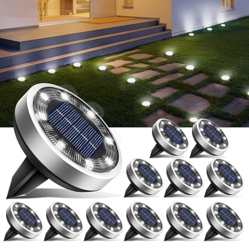 btfarm 12 Pack Solar Lights Outdoor, 8 LED Solar Ground Lights IP65 Waterproof Flat Solar Disc Light, Pathway Lights for Garden Lawn Patio Yard Path Landscape, Cool White - color: Cool White, size: 12 Pack