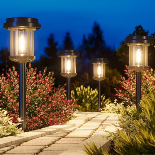 XMCOSY+ Solar Pathway Lights, 20 LM Bright Solar Lights Outdoor Waterproof IP65, Metal Outdoor Light for Outside Garden Path Yard Walkway Driveway (‎Black & Grey) - color: Black & Grey, size: 4 Packs