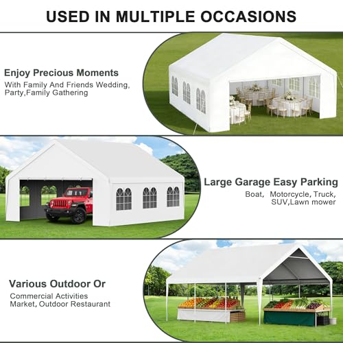 Carport 20x20 Party Tent Heavy Duty Canopy Waterproof Outdoor Storage Shelter Portable Garage w/Removable Sidewall Windows Canopy Tent for Wedding Event Backyard Barbecues Parties, White - size: 20x20 FT