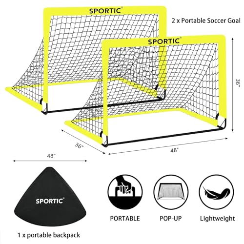 2 Pack 4' x 3' Soccer Goal Net Set, Pop Up Kids Practice Soccer Goals for Indoor and Outdoor.Portable Soccer Net with Carrying Bag & Ground Pegs, Perfect for Backyard, Field, Court - color: Yellow