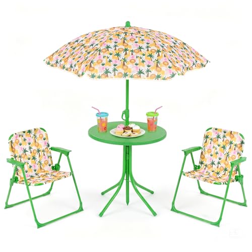 KOTEK Kids Picnic Table with Umbrella, Outdoor Table & 2 Folding Chairs, Cute Pattern Children’s Patio Furniture, Portable Kids Table and Chair Set for Backyard, Garden, Beach (Green Forest) - color: Green Forest