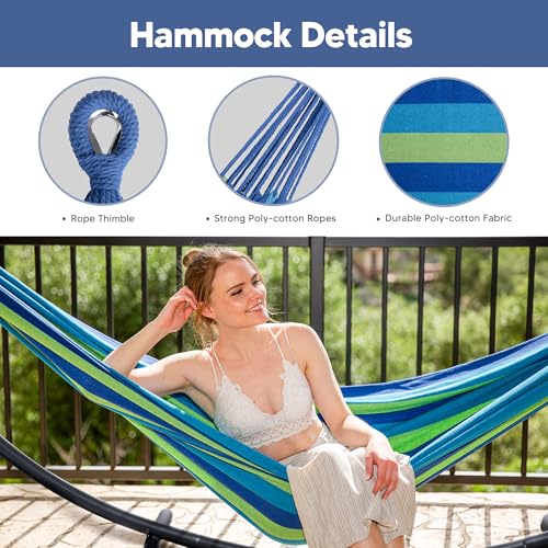 SUNCREAT Portable Outdoor Hammock with Stand Included, Double Hammock with Stand for Outside, Blue & Green Stripes - color: Blue &Green