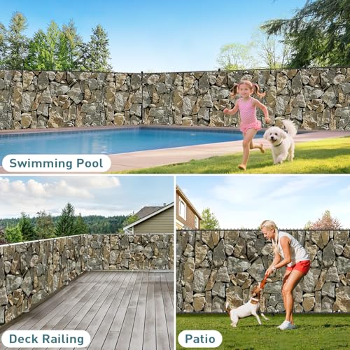 Shade&Beyond Customized 4FT X 25FT Privacy Fence Screen 450 GSM PVC Printed Privacy Fence with Zip Ties for Courtyards, Pools, Balconies-Stone - color: Stone pattern, size: 0 4' x 2 5'
