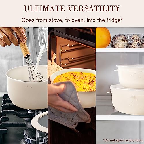 Nonstick Cookware Set - YIIFEEO Stackable Pots and Pans Set Detachable Handle Camping Cookware Granite Kitchen Cookware Sets Removable Handle, Non Toxic Nonstick Frying Pans for Cooking Set Gift Beige - color: A Ivory White