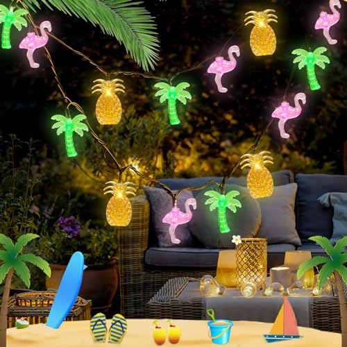 Olixmlya 30 LED [ 8 Modes & Timer ] 16Ft Summer Tropical Beach Hawaiian String Lights Tropical Flamingo Pineapple Palm Tree Fairy Lights Battery Operated for Party Beach Pool Summer Decor