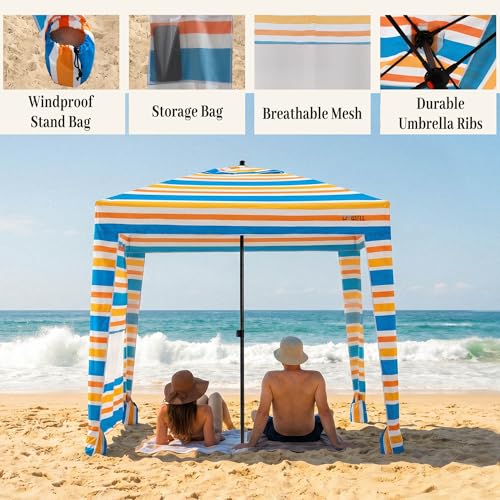 UPWELL Beach Tent Easy Set Up Canopy Sun Shelter Shade with UPF 50+UV Protection Portable Beach Umbrella Outdoor Sunwall with Sand Pockets for Fishing Backyard Camping(Mint Sorbet) - color: Sunset Stripe