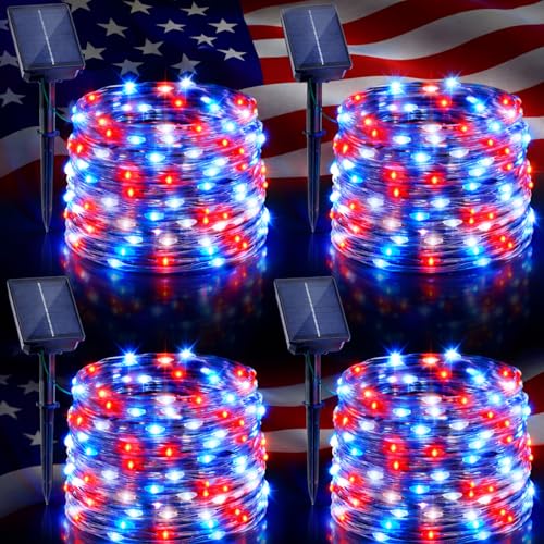 4 Pack Red White and Blue Solar Fairy Lights Outdoor, 131ft 400LED Solar String Lights Waterproof with 8 Modes, Green Wire Twinkle Lights for Independence Day 4th of July Memorial Day Decorations - color: Red Blue White