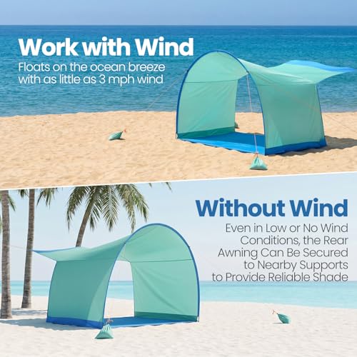 Beach Shelter, Wind-Powered Beach Tent Sun Shelter with UPF50+ UV Protection, Lightweight & Portable Easy Setup Beach Canopy Sun Shade Tent for Family Outdoor Beach Camping & Picnic - color: Ocean Blue & Fresh Green