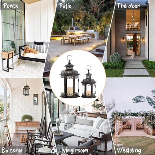 Large Lantern Decorative Outdoor & Indoor, Set of 2 (15’’&11’’) Metal Candle Lanterns Decor, Vintage Hanging Candle Holder for Front Porch Patio Wedding Farmhouse Home, Spring Decoration - color: Black / 14.7''h+11.2''h