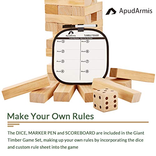 ApudArmis 54 PCS Tumble Timber Set [Up to 3.2FT], Pine Wooden Tumble Tower Game with Dice and Scoreboard Set - Classic Block Stacking Board Game for Teens Adults - color: Burlywood, size: M-Stack to 3.2 FT