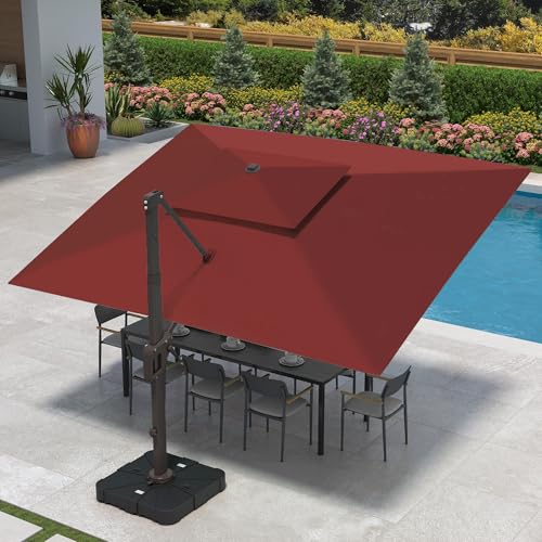 9 X 12 FT Cantilever Patio Umbrella with Led Lights and Base Included Outdoor Heavy Duty Double Top Rectangle Offset Umbrellas with 360-degree Rotation for Pool Deck Backyard, Wine Red - color: Wine Red, size: 9' X12' Weighted Base Included(LED)