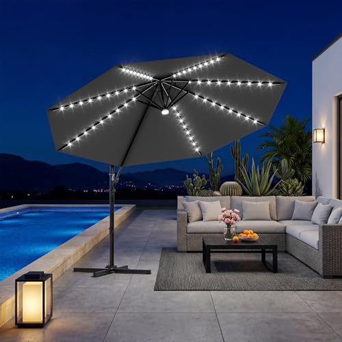 Patiowell 10 FT Patio Umbrella with Solar LED Light, Outdoor Cantilever Umbrella with 360 Degree Rotation, Outside Large Round Sun Umbrella with Frame for Backyard Garden Poolside, Black - color: Black with Light, size: 10 FT
