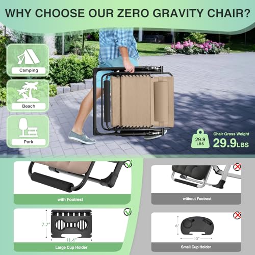 Suteck Oversized Zero Gravity Chair,33In XXL Outdoor Recliner Chair w/Removable Cushion&Headrest, Camping Lounge Chair w/Upgraded Lock&Footrest, Reclining Patio Chairs for Indoor Outdoor,500LBS - color: Desert Sand, size: Xxl 33 Inch