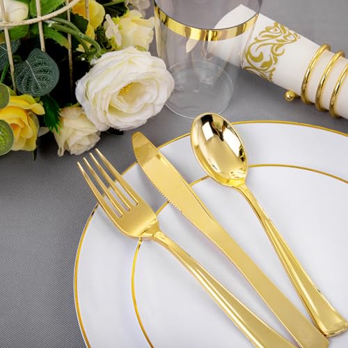 Supernal 350pcs White and Gold Plastic Plates,Gold Plastic Dinnerware for 50 Guests Include 100 White Disposable Plate, 150 Gold Silverware Set, 50 Disposable Cups, 50 Napkins - color: 350pcs White Plastic Plates with Gold Rim