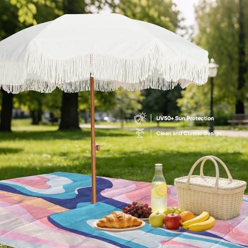 AMMSUN Boho Fringe Umbrella with Beach Blanket, 6.5ft UPF50+ Picnic Umbrella with Tassels with Steel Pole & Push Button Tilt, Antique White - color: Antique White with Colorful Blanket