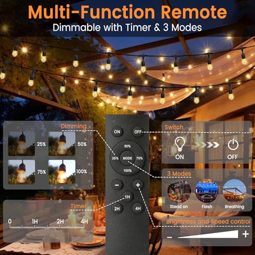 48ft Outdoor String Lights with Remote & Dimmer,24+2 Commercial Grade IP65 Waterproof Bulbs, 2700K Warm White,3 Lighting Modes & Timer,Includes 30 Cable Ties for Patio,Garden, Party - size: 48FT with 24+2Bulbs(2FT Bulbs Spacing)