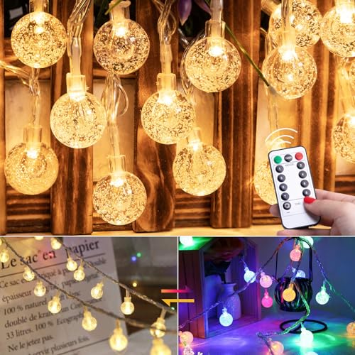 Minetom Globe String Lights Plug in - 33 ft 100 LED USB Crystal Globe Fairy Lights with Remote and Timer, Waterproof for Bedroom Tent Porch Patio Party Garden Indoor, Warm White and Multicolor - color: 33 FT - Warm White + Multicolor