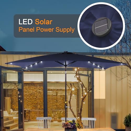 Rectangle Patio Umbrella with Solar Lights, 10 x 6.5ft Rectangular Outdoor Umbrella Table Market Patio Umbrella with Push Button Tilt and Crank for Garden, Deck, Backyard, Pool - color: Navy