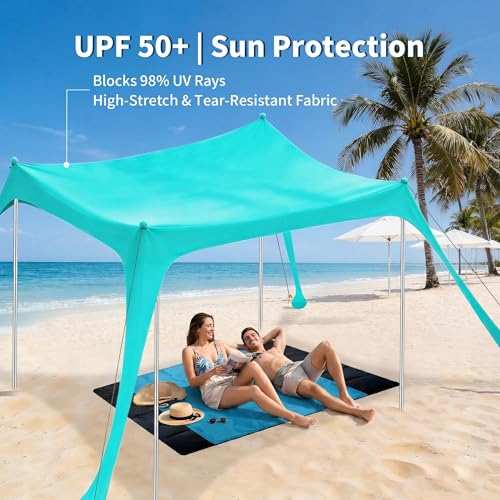 12x12 FT Beach Tent Sun Shelter UPF 50+, XL Beach Canopy with 4 Thickened Aluminum Poles, Sandbags, Windproof Portable Beach Sun Shade with Beach Blanket, Shovels, for Outdoor Camping Fishing RV Trip