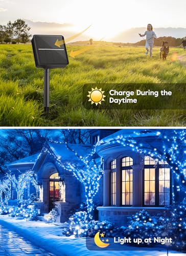 Minetom Solar String Lights for Outside, 33Ft 100 LED Outdoor Solar Fairy Lights, 8 Modes Balcony Lights for Tree Patio Christmas Party Decor (Blue and White) - color: Blue and White, size: 1 Pack