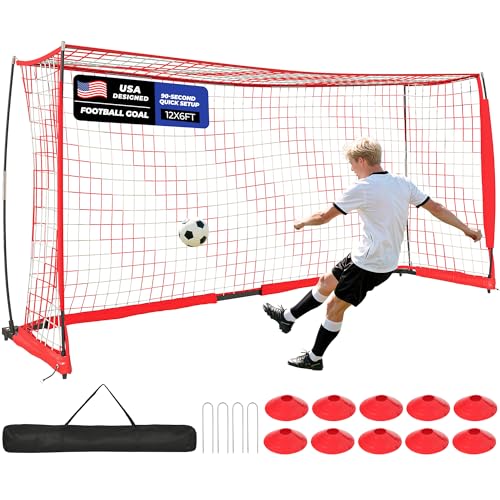 Soccer Goal, 12X6 FT Soccer Goals for Backyard, Portable Soccer Net for Outdoor Practice Training, Quick Setup Soccer Practice Equipment with Metal Base - style: Dual-Color Net (Pre-Attached)