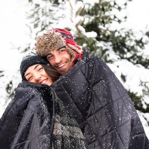 DUKUSEEK Hooded Outdoor Blanket, Waterproof Camping Blanket, Quilted, Thick Fleece, Warm, Windproof, Sand Proof, Portable and Wear-Resistant, Perfect for Stadium, Picnic, Camping - color: Dark Blue Outer With Blue Plaid Fleece