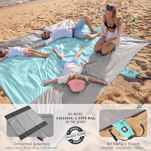 WEKAPO Beach Blanket Sandproof Waterproof, Extra Large Beach Mat, Oversized & Compact Sand Free, Quick Drying Beach Essentials for Vacation, Cruise, Picnic & Camping with Stakes - color: Grey, size: 7x7 Ft (1～3 Person)