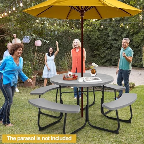 Round Picnic Table for Outdoors, 8 Person Outdoor Picnic Tables & Benches Set with Umbrella Hole, HDPE Tabletop & Metal Frame, 2000 LBS Capacity Table Bench Set for BBQ, Garden, Lawn, Patio - color: Grey