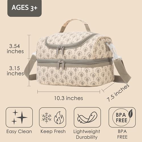 Insulated Kids Dual Compartment Lunch Bags Tote for Girls Boys Toddler Lunch Boxes Pre-School Toddler Kindergarten Picnic Camp Food Cooler Thermal with Strap (Z Beige) - color: Z Beige