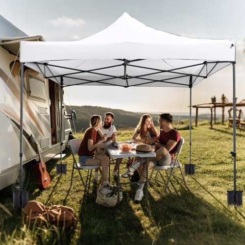 Tangkula 10x10 FT Pop Up Canopy, Instant Setup Outdoor Tent with Heavy-Duty Carbon Steel Frame, Wheeled Bag, 4 Sandbags, 8 Stake, 4 Ropes, Portable Canopy Tent for Parties Events Camping (White) - color: White