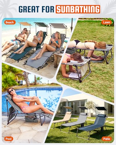 KingCamp Lounge Chair with face Hole & Canopy Shade, 400LBS Folding Portable Tanning Chair with face Hole, Adjustable 5-Position Foldable Beach Sun Tanning Chair for Outside Beach Patio Outdoor Pool - color: C*skyshade Canopy——grey Canopy, style: 400lbs&P