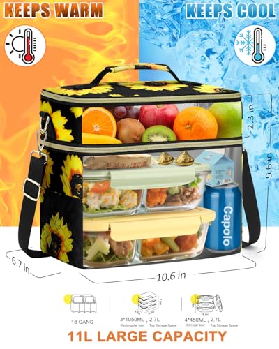 Capolo Lunch Box for Women Men Adults,Double Deck Insulated Lunch Bag Leakproof Lunch Cooler Box with Removable Strap Lunch Tote Bags Reusable Thermal Lunchbox for Work Picnic(Large,Sunflower) - color: Sunflower, size: Large