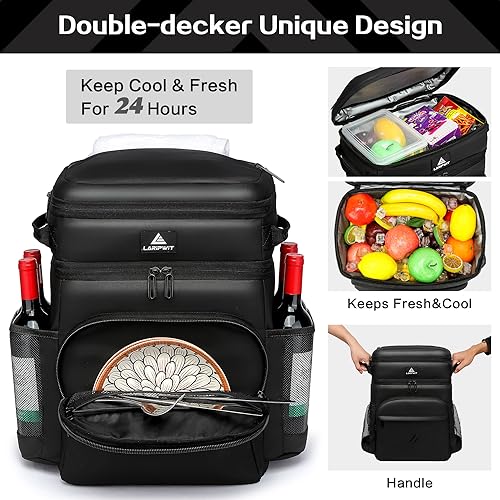 Laripwit Picnic Backpack Cooler Bag - 54 Cans Black Insulated Leak-Proof Lunch Backpack With Cooler Compartment, Large Double Deck Soft Bag for Beach, Camping, Travel - color: Black